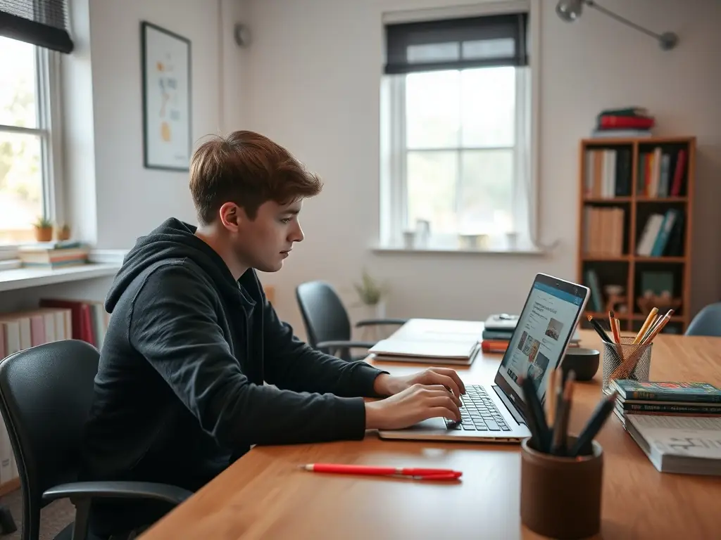 A student using the DX platform on a laptop, accessing various exam categories and resources, with a focus on the all-in-one exam access feature.